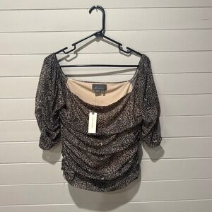 Anthropologie Ruched Mesh Leopard Print Square Neck Puff Sleeve Top M Brown NWT